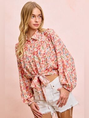 BiBi Floral Print Tie Hem Detail Crop Shirt